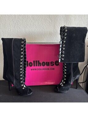 Dollhouse Black Suede Open Toe Lace Up Knee High Stiletto Boots Size 6